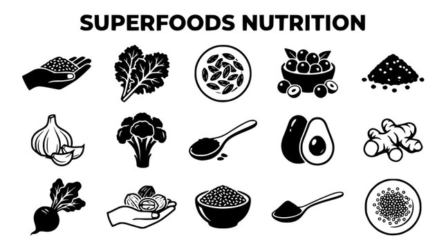 Superfoods nutrition vector graphic illustration with various healthy food icons