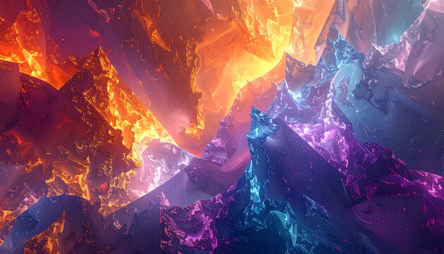 abstract mountain peaks glowing with vibrant orange and purple light, digital art, fantasy landscape, dramatic illumination
