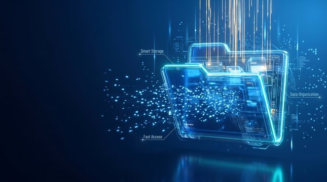 Digital folder icon glows with streaming information bits as it floats amidst a dark virtual environment, symbolizing efficient cloud storage solutions and streamlined enterprise data management.