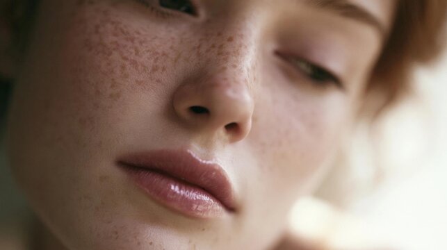 Close-up portrait of a young woman's face. she has fair skin and freckles on her face, and her eyes are closed. her lips are slightly parted, and she appears to be resting her chin on her hand.