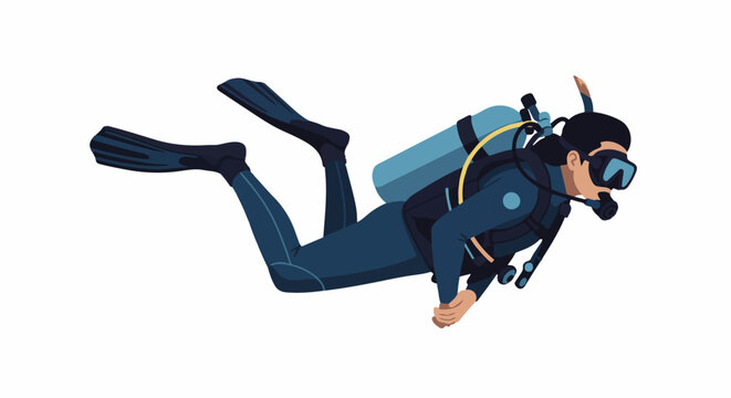 A diver wearing a blue wetsuit and equipment swims underwater