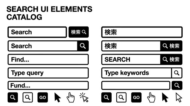 Search UI Elements Catalog: multiple search bars, filters, input fields, dropdowns and icons for interface design and UX prototyping