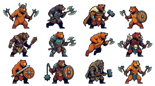 Cartoon bears as fantasy warriors standing.