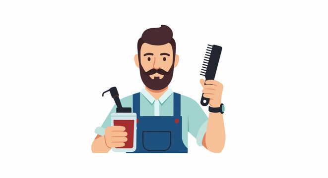 A barber with a beard, holding a comb and a bottle of product