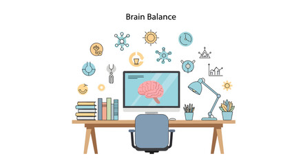 Fototapeta premium Brain Balance Concept Illustration: Workspace Desk with Computer and Mental Health Icons