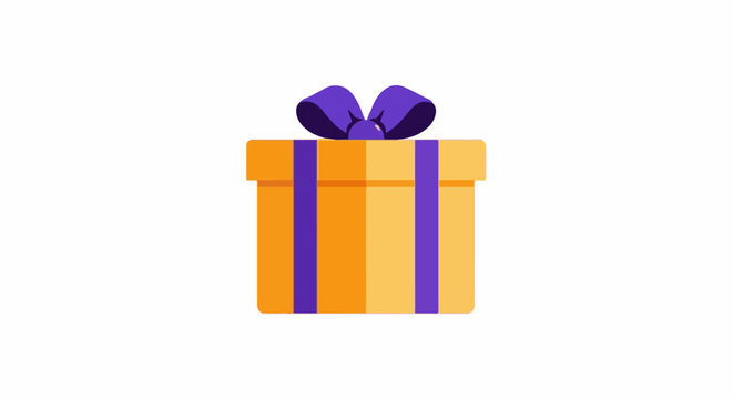 A simple cartoon gift box with a purple bow and ribbons