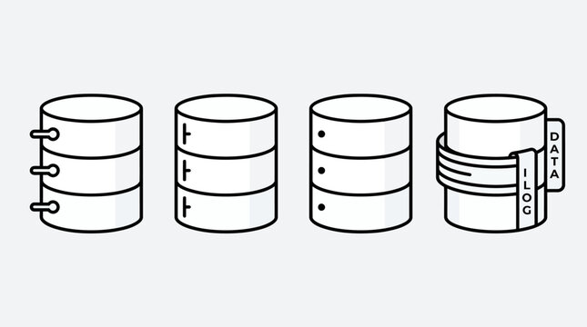 Series of database storage icons showing stacked disks representing databases, data storage, and backup in a technology concept illustration