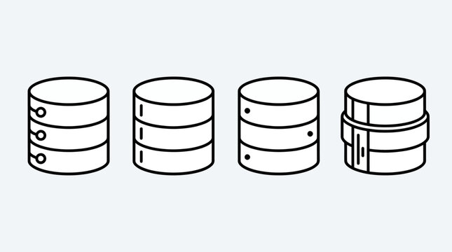 Set of four database icons representing data storage cylinders in a row, line art vector illustration