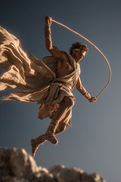 Ancient slinger leaping dynamically while wielding a sling. AI-generated.