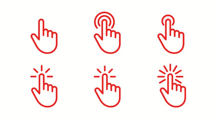 Fototapeta premium Six red hand cursor icons showing clicking and tapping interactions with click effects for UI design