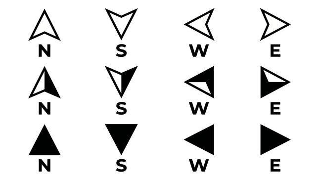 Minimalist set of four black triangular directional icons labeled N, S, E, W on a white background for navigation and wayfinding graphics.