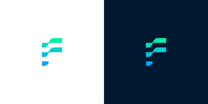 Modern letter F logo design template with wave gradient elements on light and dark backgrounds