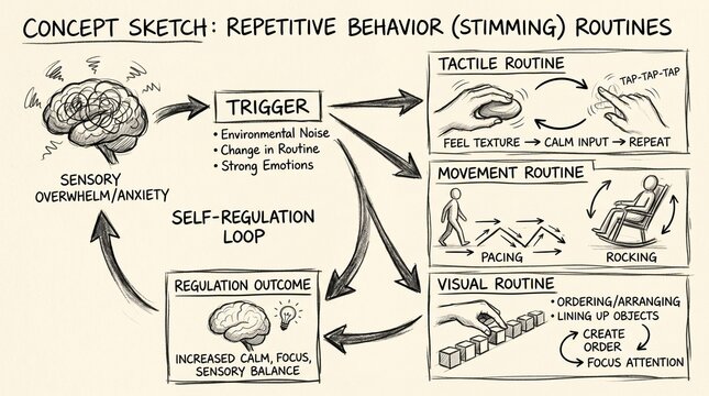 Hand-drawn concept sketch of repetitive behavior stimming routines, neurodiversity self-regulation loop diagram, sensory overwhelm and anxiety mental health illustration