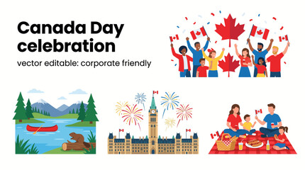 Obraz premium Canada Day Celebration Scenes - People Flags Parliament Canoe Beaver Picnic Vector Set