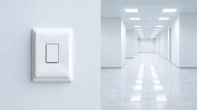 White light switch on a wall next to a bright, clean, and modern empty office building corridor with LED ceiling lights.
