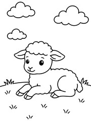 Obraz premium Cute Baby Lamb Coloring Page: A charming illustration of a baby lamb resting in a grassy field under fluffy clouds, perfect for children's coloring activities.