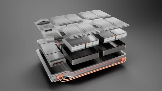 3D Animation of Solid-State Battery Disassembling on Grey Background