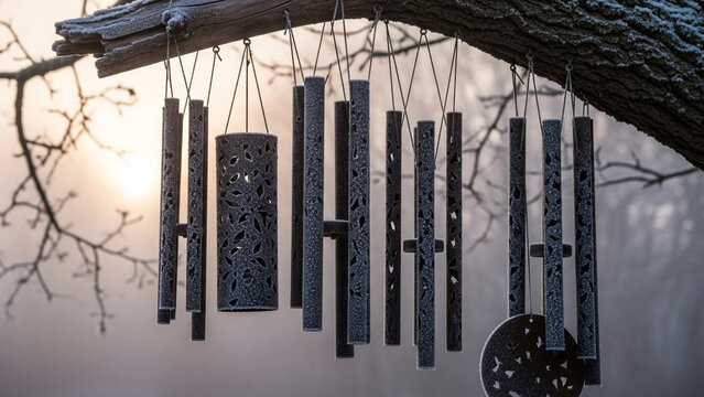 Frosted Wind Chimes on Tree Branch in Misty Winter Morning Sunlight