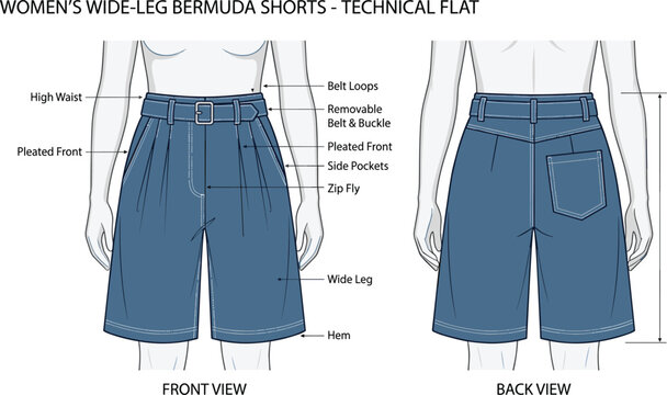 Womens wide leg bermuda shorts technical flat sketch showing high waist and pleated front with belt loops.