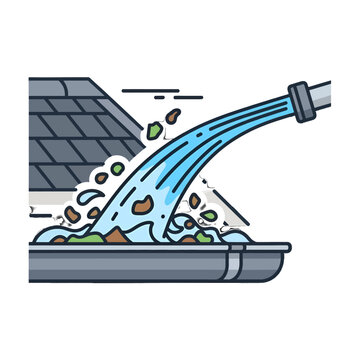 A water hose cleaning debris from a residential roof gutter system