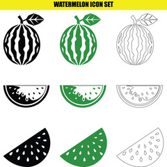 Obraz premium Watermelon icon set black green outline sweet fruit vector illustration summer food symbols collection.