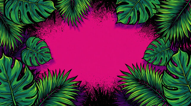 Comic book tropical leaf frame with green monstera and bright pink copy space