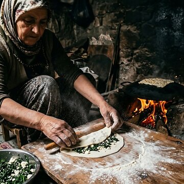 A chef's hands preparing "G&ouml;zleme" (stuffed flatbread) on a traditional sac grill, dough being stretched, with visible spinach and feta filling, flour dust in the air, on a dark, 