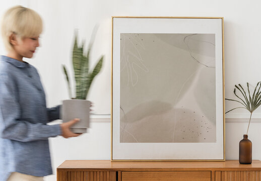 Minimalist Art Frame Mockup With Plant PSD