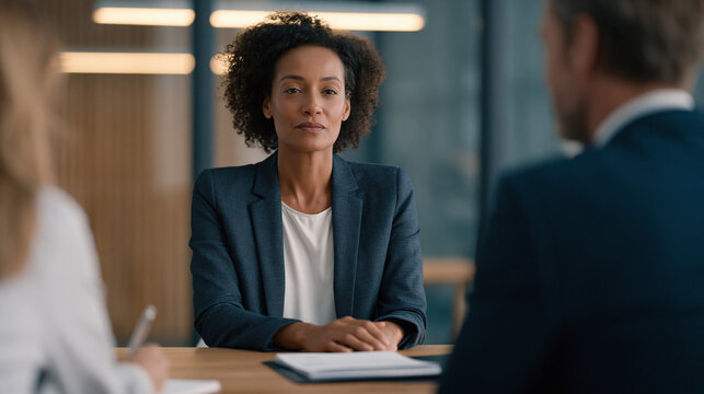 Middle-aged Black female employee seated with union representative during workplace discrimination lawsuit deposition, HR investigator taking notes across conference table as