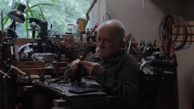 Elderly craftsman working in his old workshop, carefully restoring collectible Japanese bladed weapons