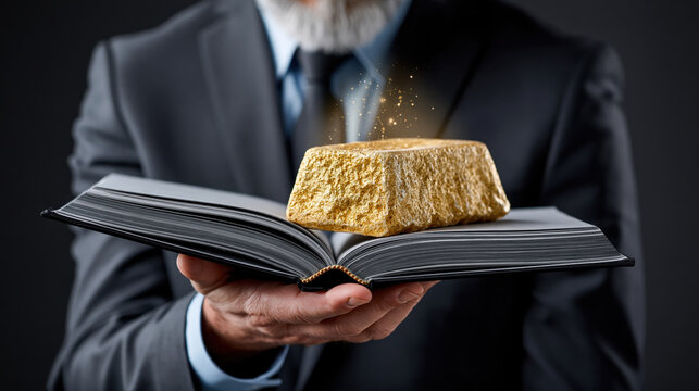 Golden nugget floating above open book held by businessman in suit, symbolizing knowledge and wealth inspiration