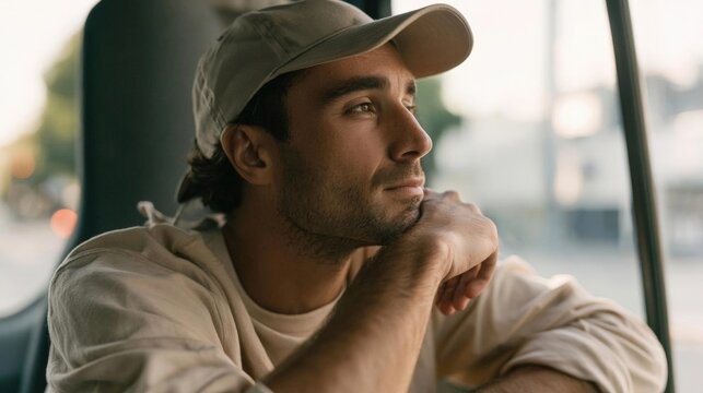 Close-up portrait of a young man sitting on a bus. he is wearing a beige baseball cap and a white t-shirt. he has a beard and is looking off to the side with a thoughtful expression on his face.