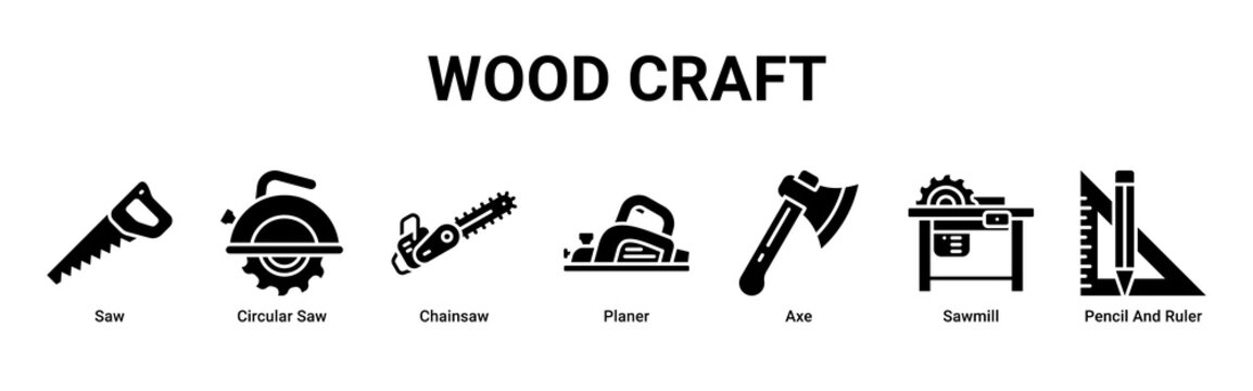Wood Craft web banner icon vector illustration with Saw, Circular Saw, Chainsaw, Planer, Axe, Sawmill and Pencil And Ruler for woodworking projects
