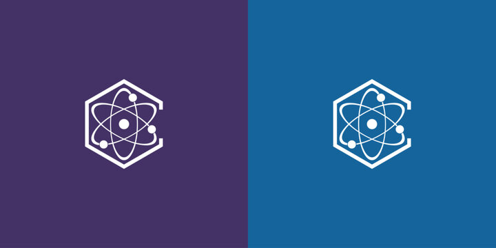 Atom symbol logo design with a hexagon shape and a letter C.