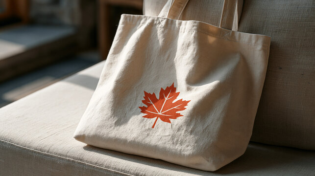 canvas tote bag branding mockup flat lay on a linen surface showing a large printed logo design with autumn leaf motif and secondary tagline text ideal for harvest festival event