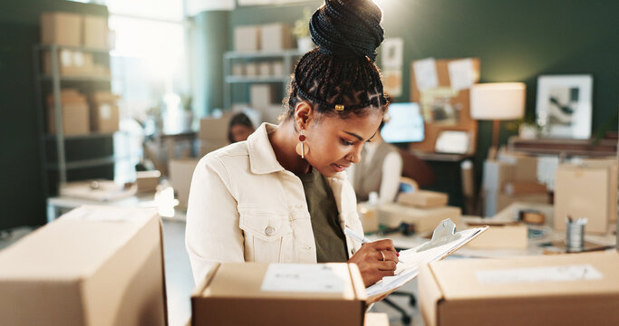 Woman, writing and logistics with boxes for inventory, stock check or delivery schedule in store. Female person, distributor or supplier with checklist or packages for small business distribution
