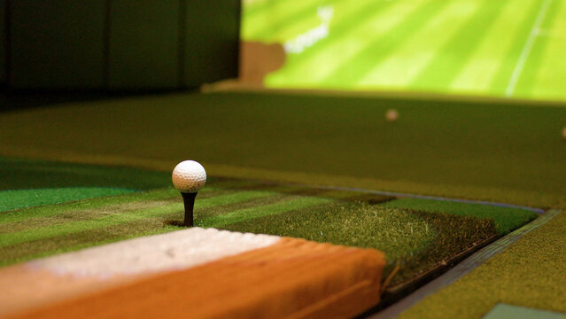 White Golf Ball Resting on a Tee in an Indoor Simulator