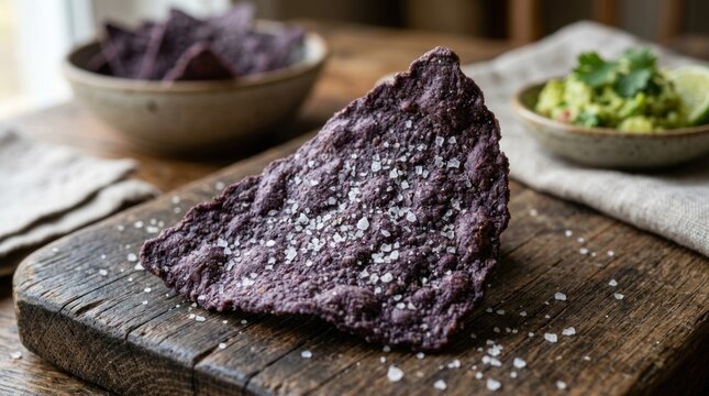Purple corn tortilla chip with visible texture and salt grains