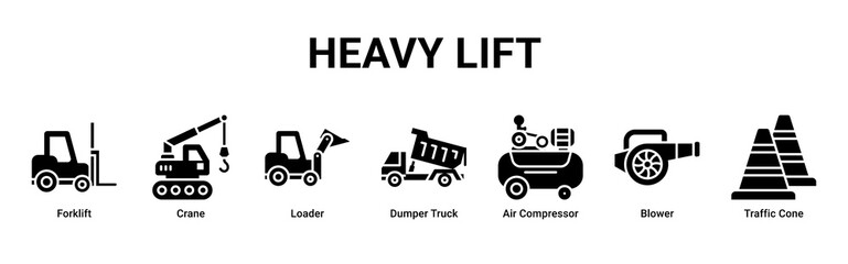 Heavy Lift web banner icon vector illustration with Forklift, Crane, Loader, Dumper Truck, Air Compressor, Blower and Traffic Cone © Arjuna