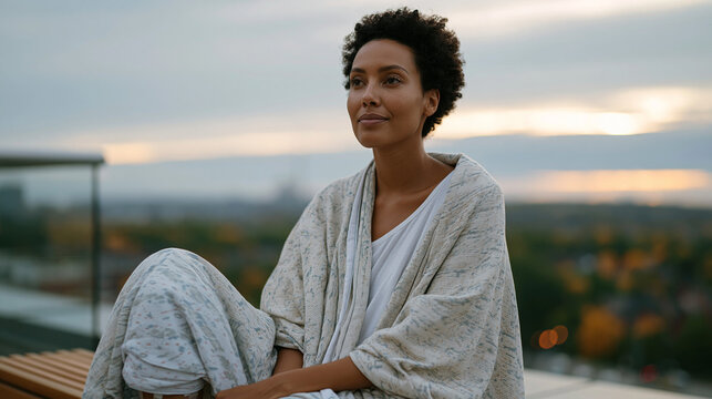 Solo woman in her thirties sitting on a hospital rooftop terrace after a fibroid embolization procedure, wrapped in a hospital blanket, looking across an autumnal cityscape, the