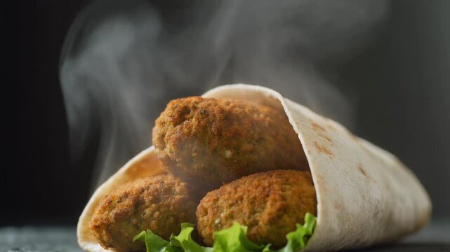 Hot Steaming Falafel Wrap with Fresh Lettuce on Dark Background