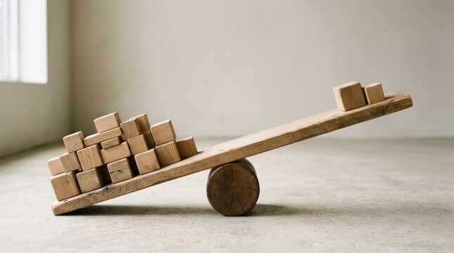 Minimalist wooden blocks on seesaw representing concept of weight imbalance