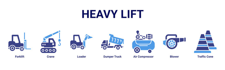 Heavy Lift web banner icon vector illustration with Forklift, Crane, Loader, Dumper Truck, Air Compressor, Blower and Traffic Cone © Arjuna