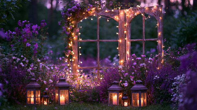 Premium outdoor wedding decor background with vintage window frame and romantic twilight charm