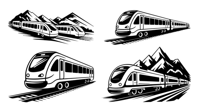 Four Black And White Illustrations Of Modern Passenger Trains With Mountain Backdrops