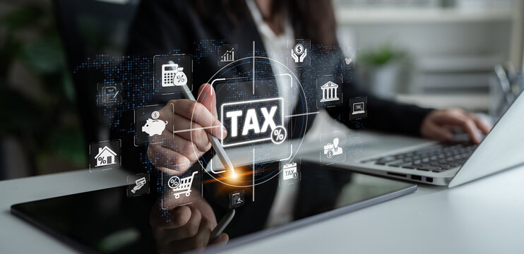 Business Professional Preparing for Tax Season Using Digital Technology with Tax Icon and Financial Symbols Illustrating Modern Financial Management Sigmoid