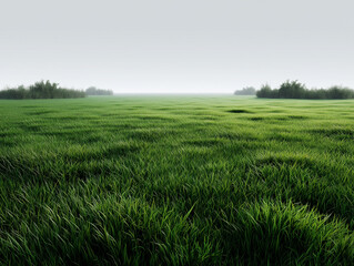 Fototapeta premium Lush green grass field under a misty white sky, tranquil morning landscape nature background