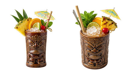 Two tropical tiki mugs filled with colorful fruity drinks garnished with pineapple and cherries isolated on transparent background