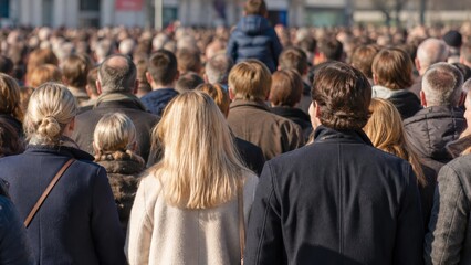 Obraz premium Back view of diverse crowd of people gathered in an outdoor urban space.