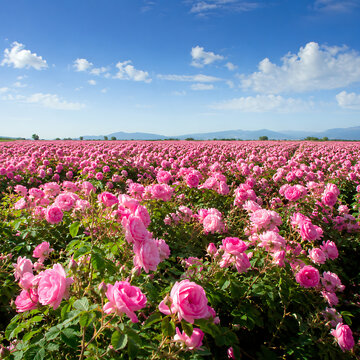 Endless pink rose flower field under a bright blue sky